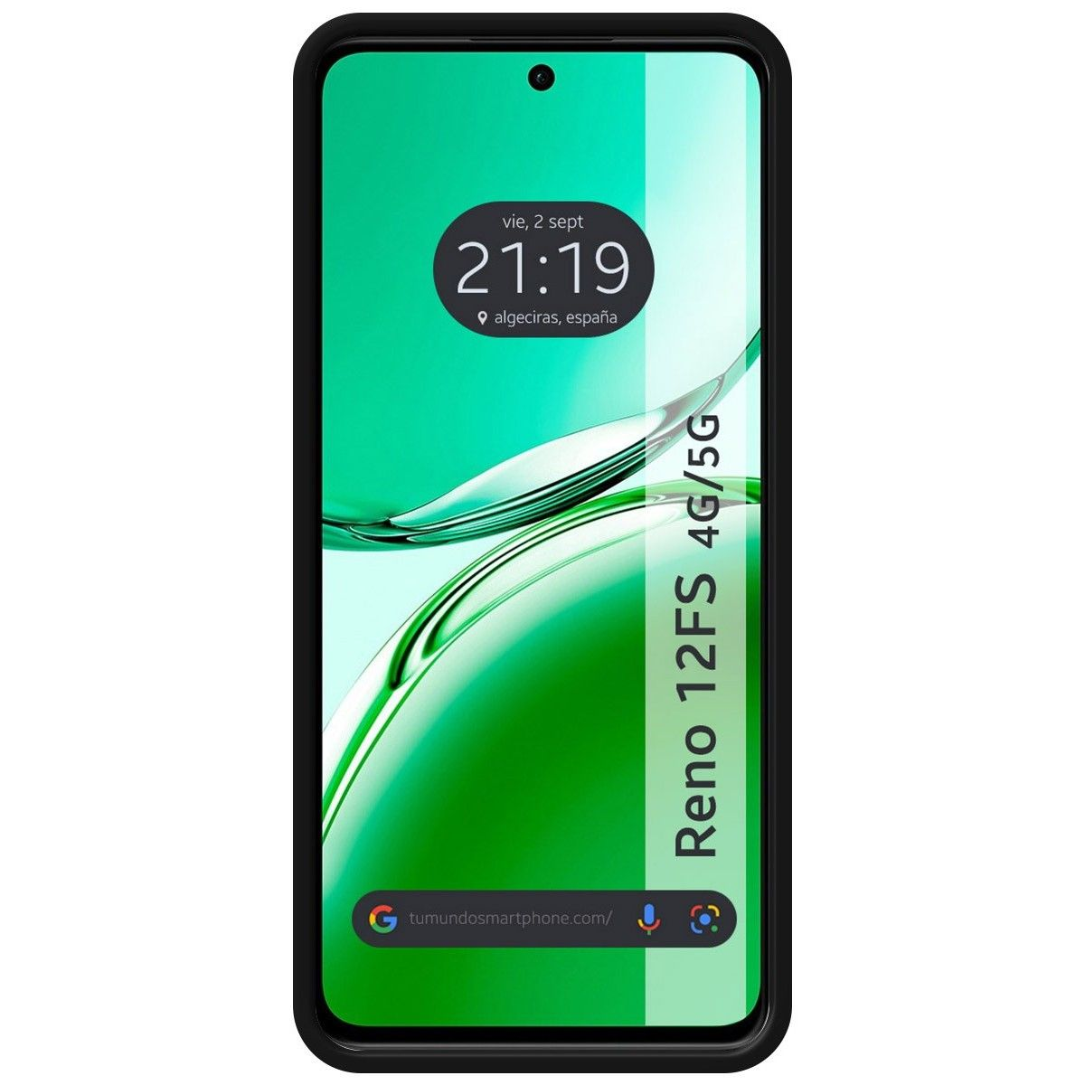 Schermo del telefono che mostra uno sfondo verde, con l'ora e la posizione visibili.