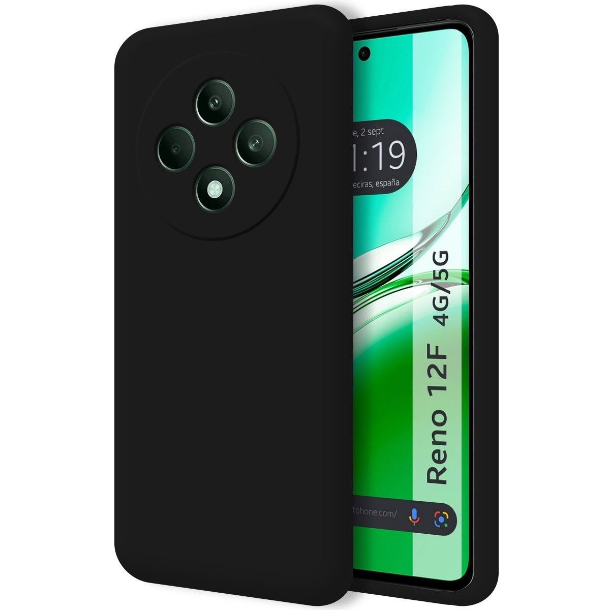 Custodia nera per telefono con un telefono che mostra ora e posizione, con configurazione quad-camera.
