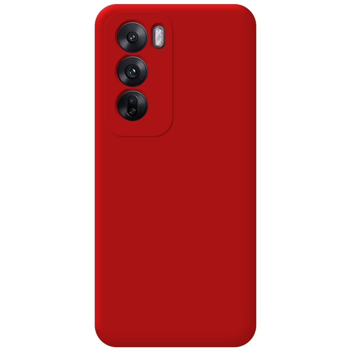 Custodia rossa per telefono con gruppo fotocamere. Finitura opaca, copre il retro del telefono.