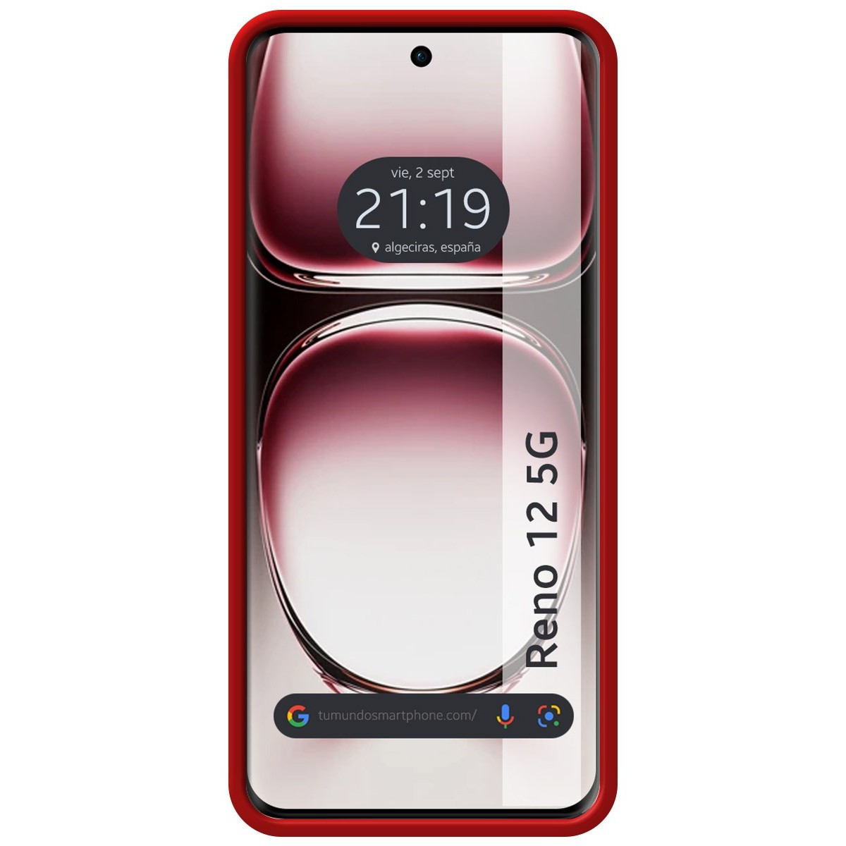 Uno smartphone con custodia bordata di rosso e display digitale che mostra ora e posizione.