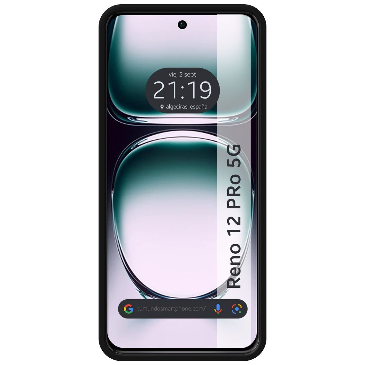 Uno smartphone con uno schermo che mostra un orologio e una mappa, con una cornice nera.