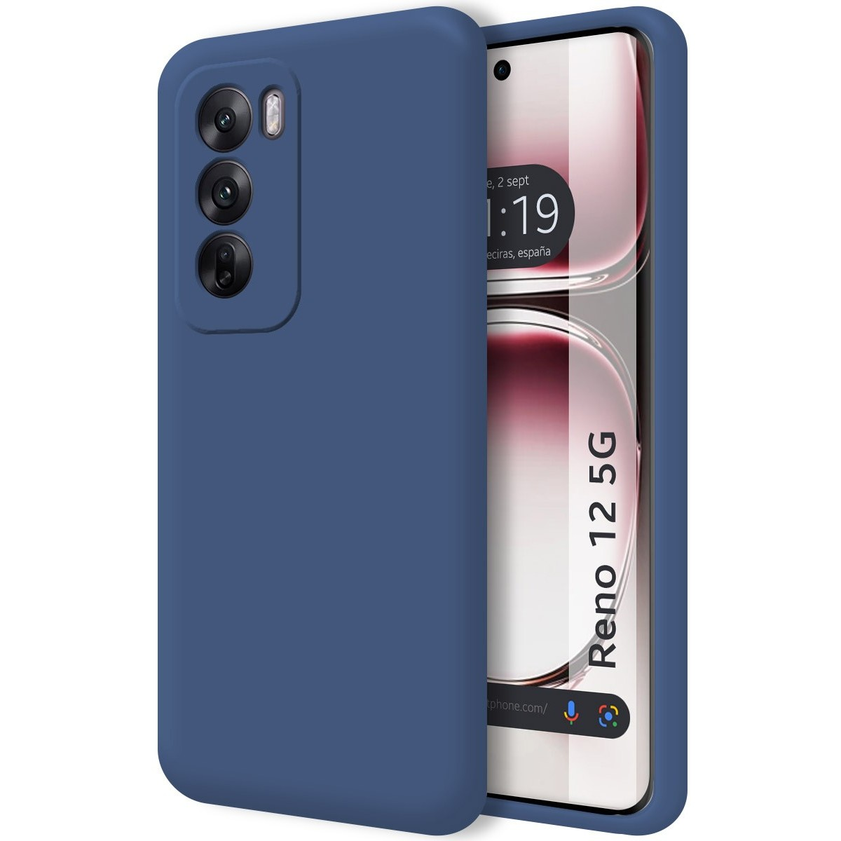 Custodia blu su un telefono. Schermo mostra ora e data. Telefono con tripla fotocamera.