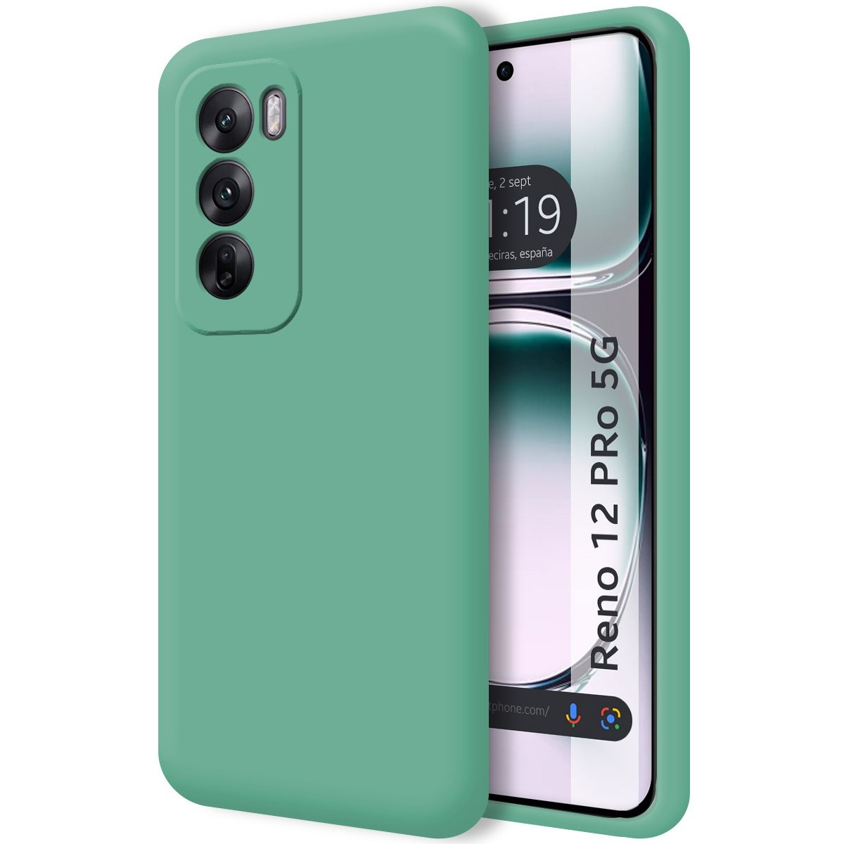 Custodia per telefono verde con schermo visibile, che mostra ora e luogo.