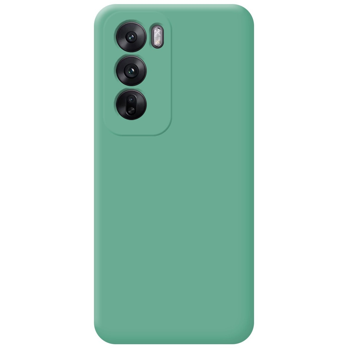 Una custodia per telefono verde acqua con tre obiettivi della fotocamera.
