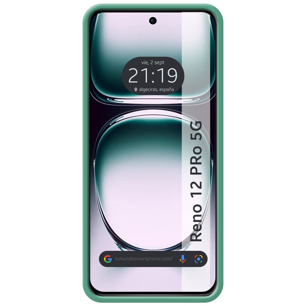 Un telefono con una custodia verde che mostra l'ora e la posizione sullo schermo.