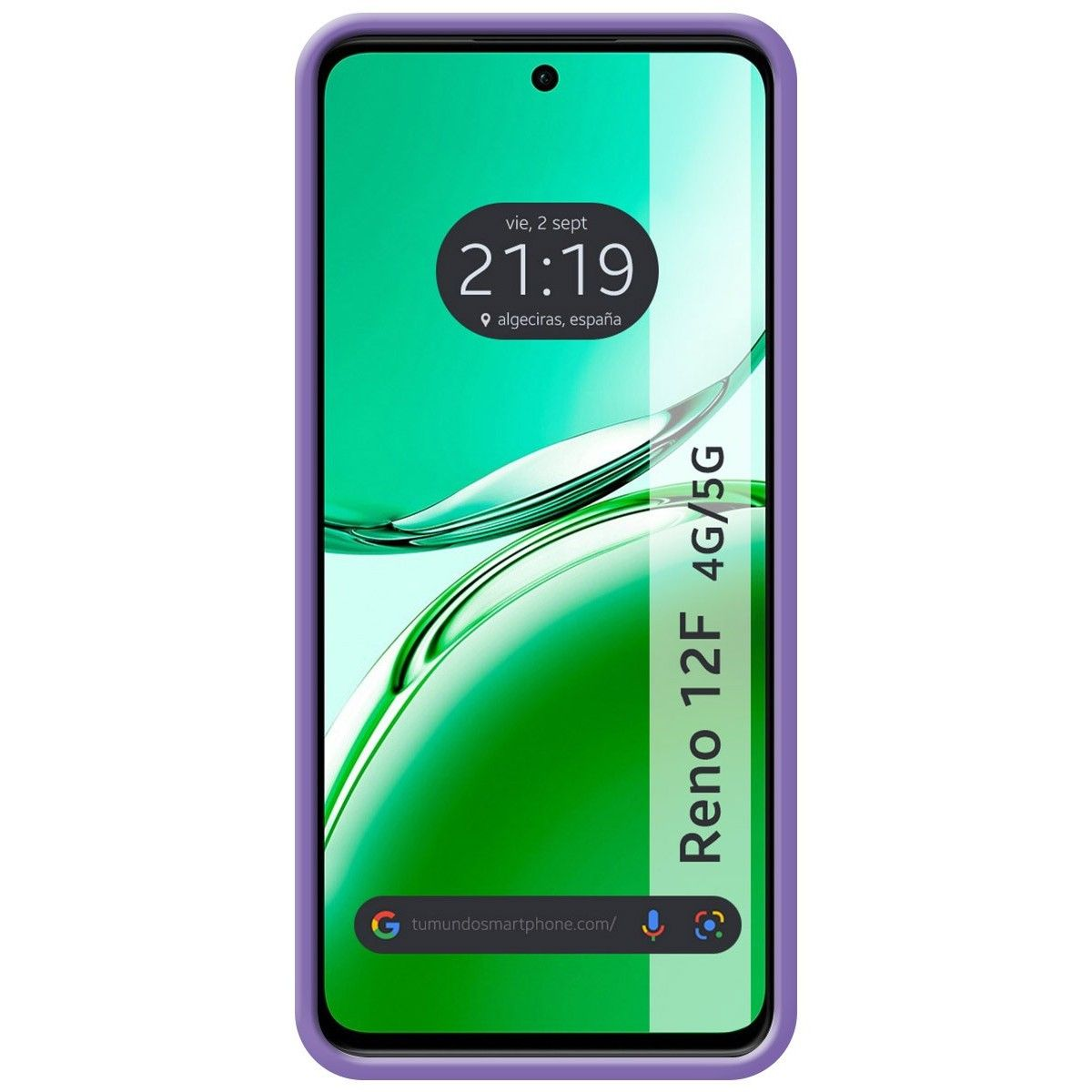 Smartphone con cornice viola. Lo schermo mostra ora, data e un design astratto verde.