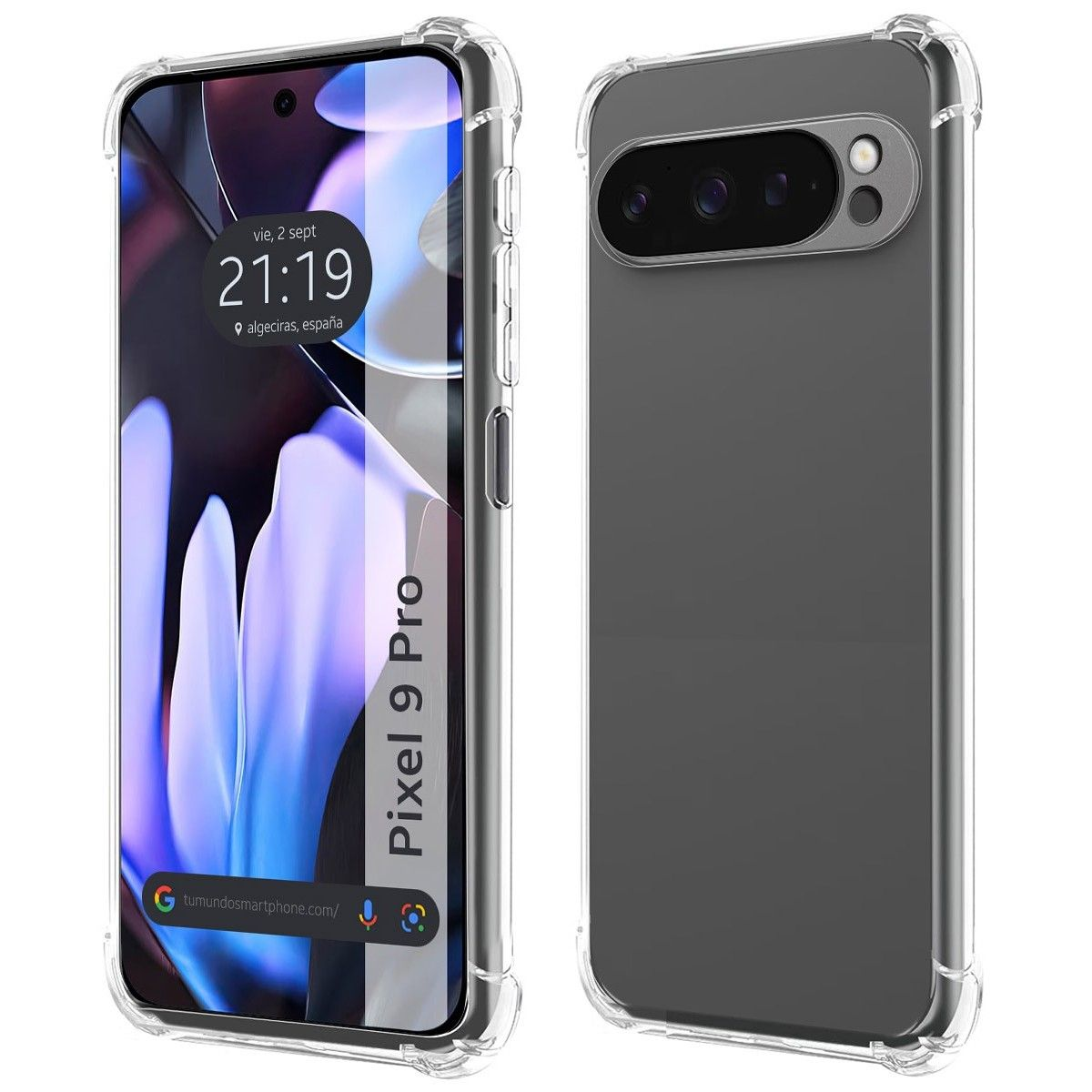 Due telefoni in custodie trasparenti. Il telefono a sinistra ha un display, l'altro mostra la fotocamera.