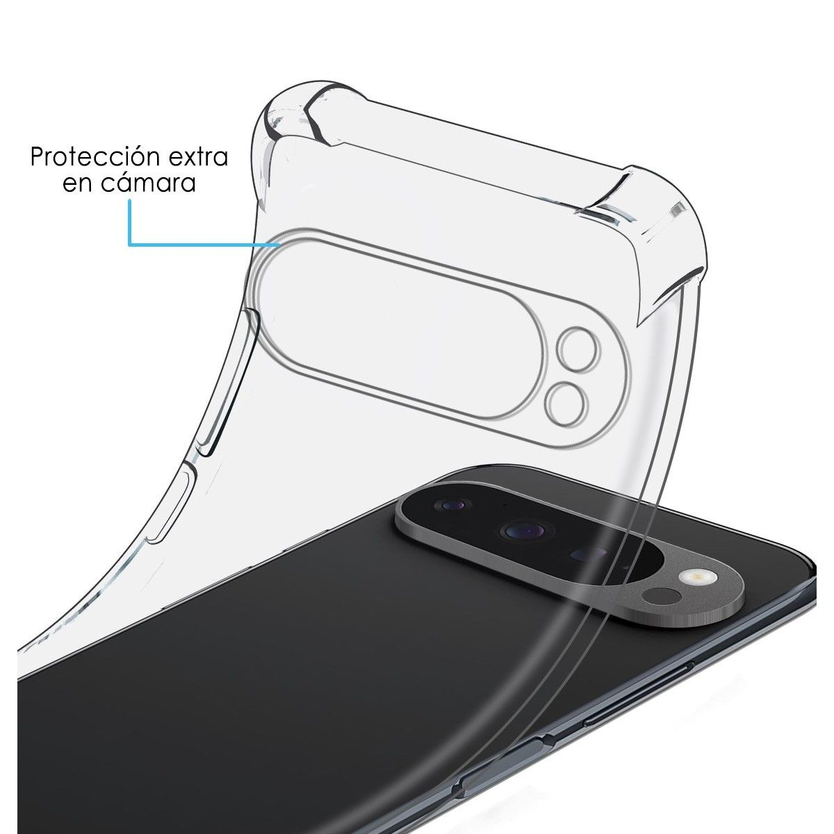 Un telefono e una custodia trasparente. La custodia ha un'etichetta: “protezione fotocamera extra”.