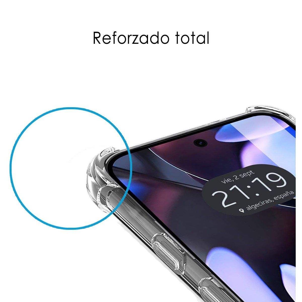 Un primo piano di una custodia per telefono, che mostra il bordo e una piccola parte dello schermo.