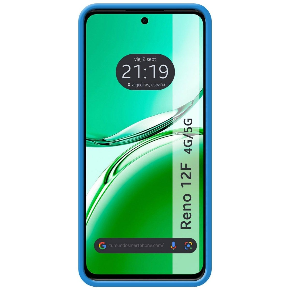 Telefono con cornice blu e schermo verde che mostra ora e data. Il testo del telefono dice: Reno 12F 4G/5G.