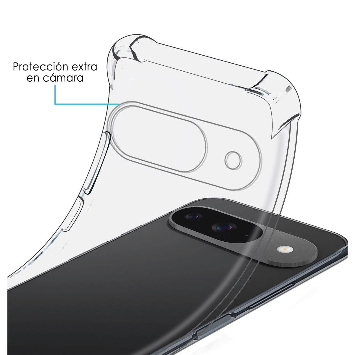 Custodia trasparente con protezione extra per fotocamera su telefono nero.
