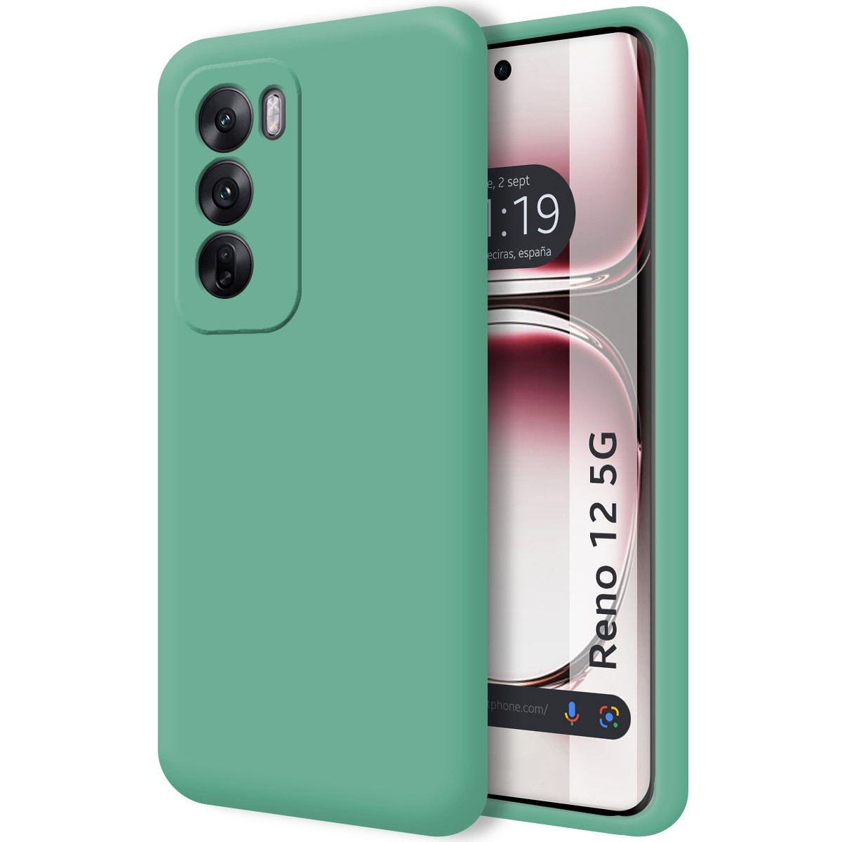 Custodia per telefono con un colore verde unito. Lo sfondo è bianco.