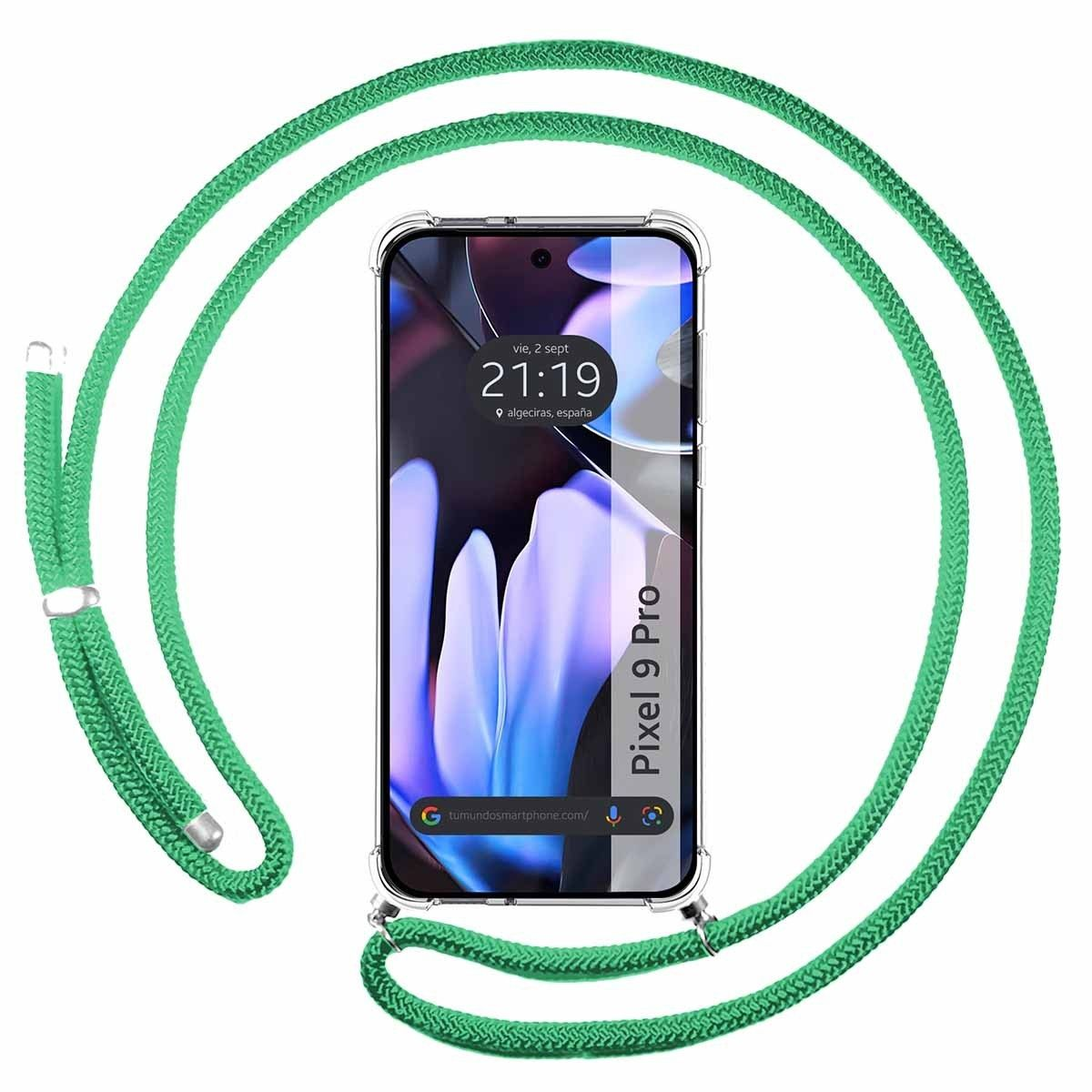 Telefono con corda verde, appeso. Visualizza ora e indirizzo web.