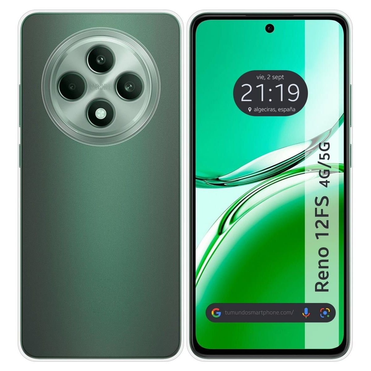 Telefono con retro verde e schermo che mostra l'ora e un sito web.