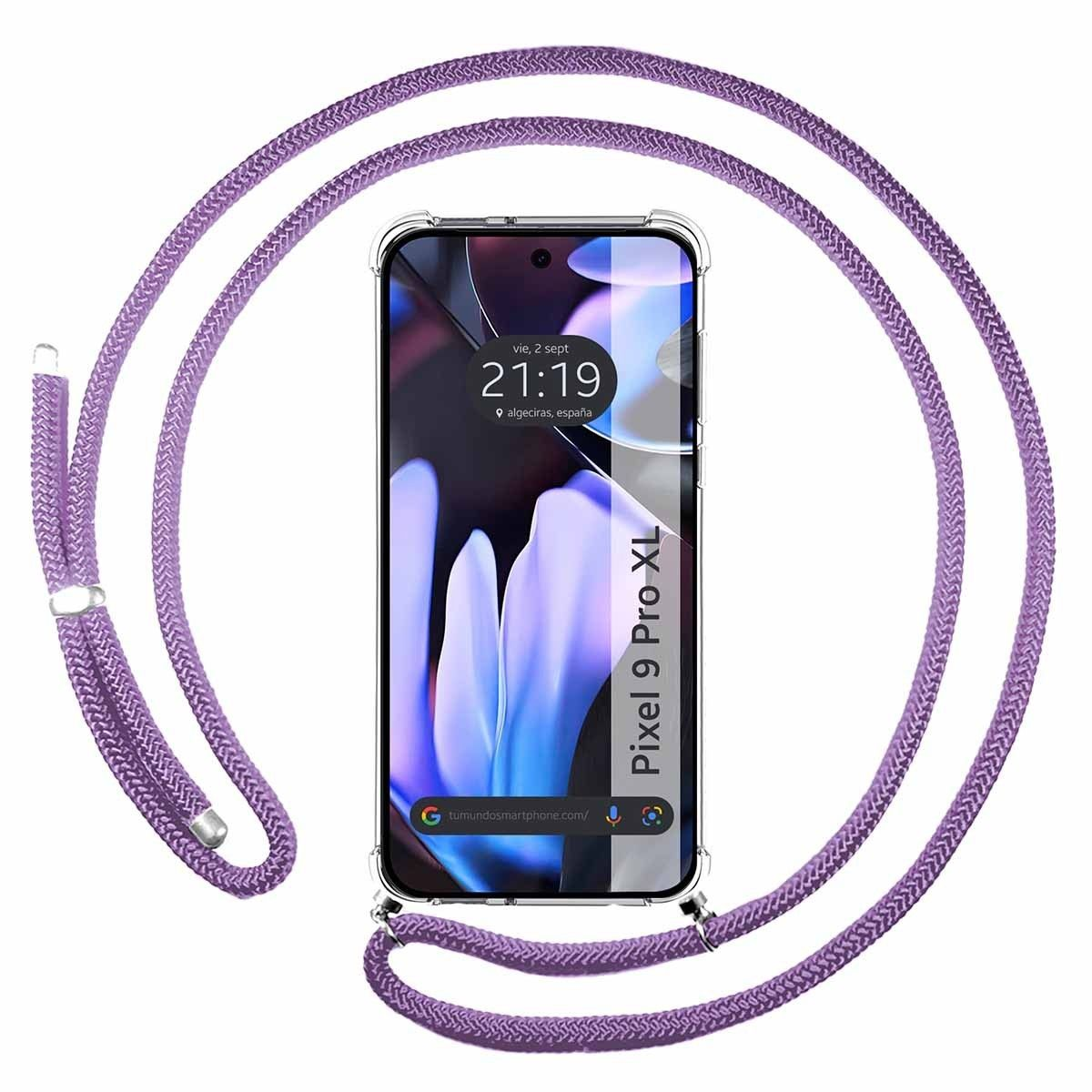 Uno smartphone con custodia trasparente e cinturino in corda viola, che mostra l'ora e la data sullo schermo.