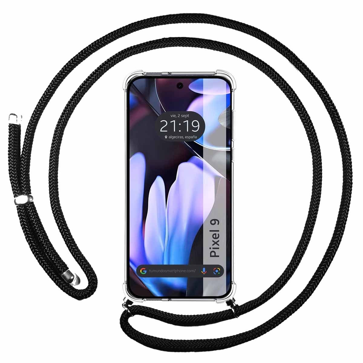 Un telefono con cinturino in corda nera. Lo schermo del telefono mostra la data e l'ora. Il cinturino si attacca alla custodia del telefono.