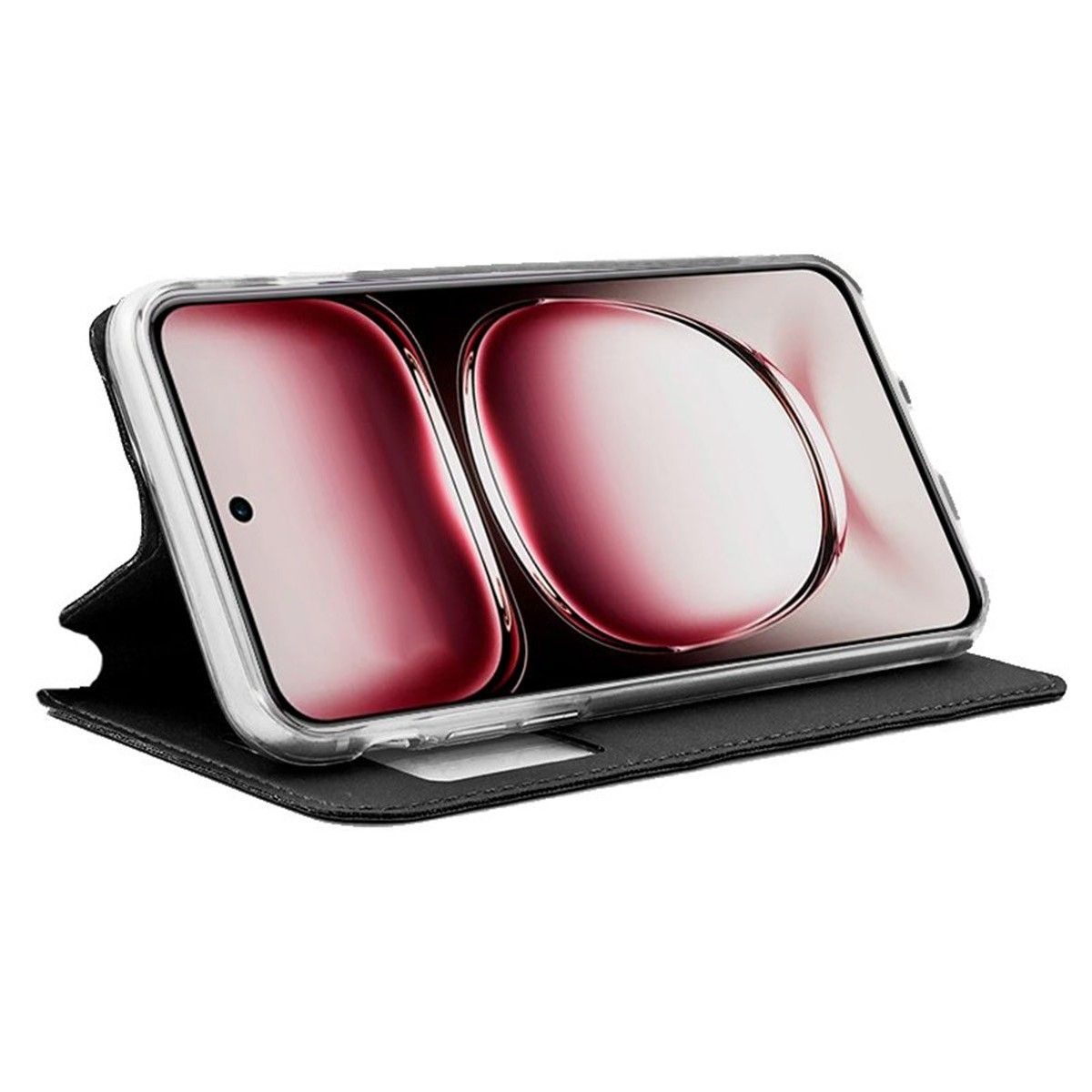 Smartphone in una custodia in pelle nera, angolato. Schermo del telefono visibile, mostrando un'interfaccia rossastra.