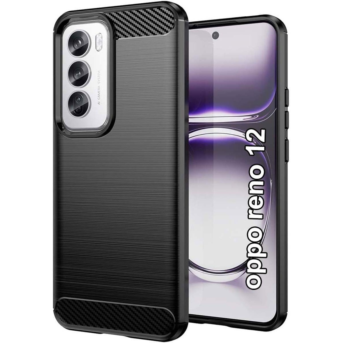 Custodia per telefono nera con un design strutturato. Il telefono ha un sistema di fotocamere sul lato sinistro.