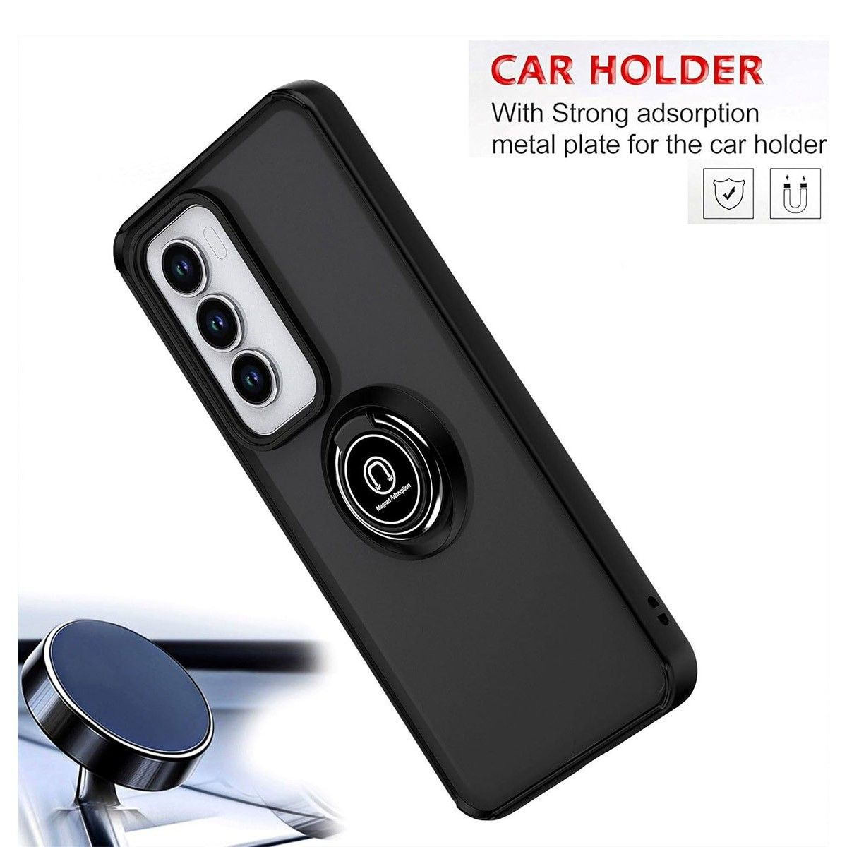Custodia nera per telefono con anello magnetico e supporto per auto.