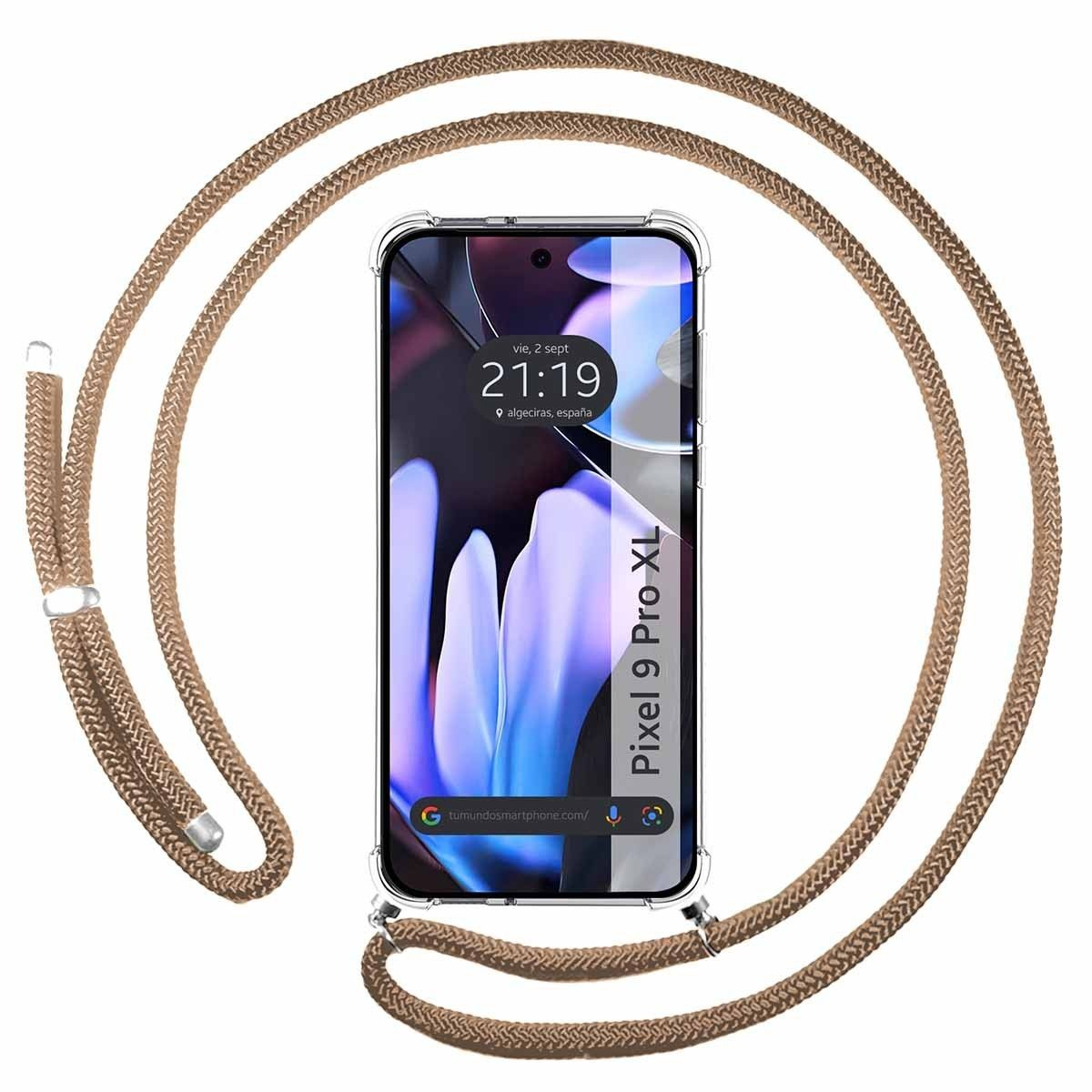 Telefono con cinturino marrone, con schermo con ora e luogo.