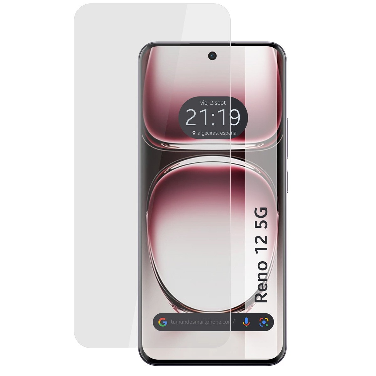 Un teléfono con protector de pantalla, mostrando hora, fecha y el texto 'Reno 12 5G'.