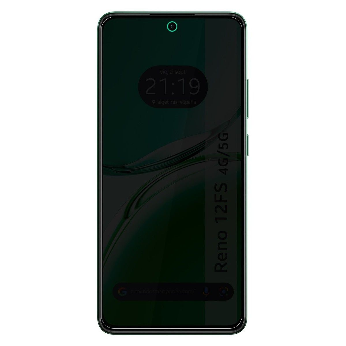 Schermo dello smartphone che mostra ora, data e posizione, con testo Reno 12FS 4G/5G. Schermo verde scuro.