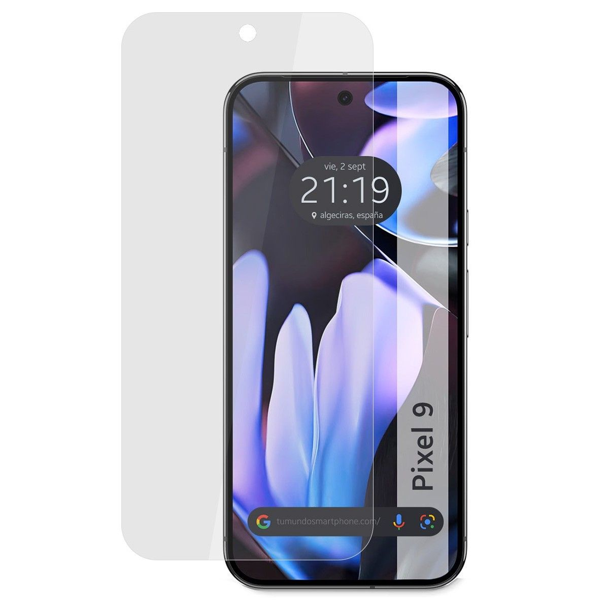 Una pantalla de teléfono con protector. La pantalla muestra la hora.