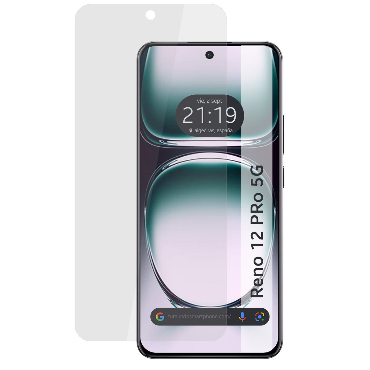 Telefono con protezione schermo, mostra ora e luogo. Etichetta Reno 12 Pro 5G.