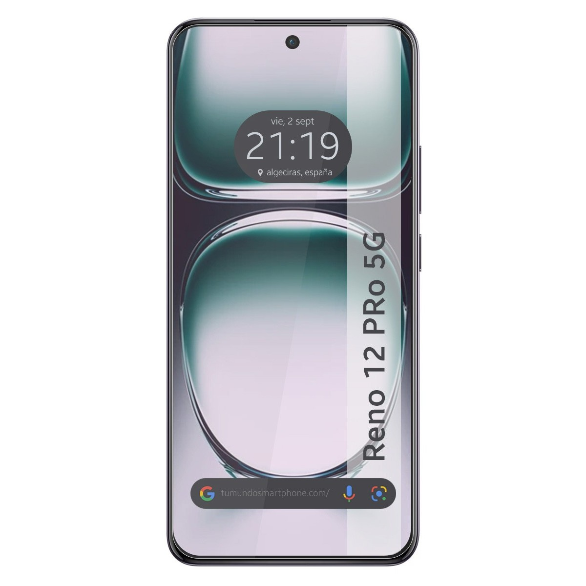 Schermo dello smartphone che mostra l'ora e il luogo, con il nome del modello del telefono.