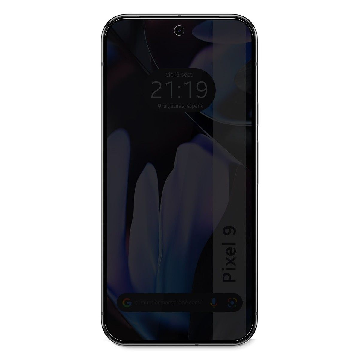Telefono con schermo scuro che mostra un design sfocato. Il display mostra ora e data.