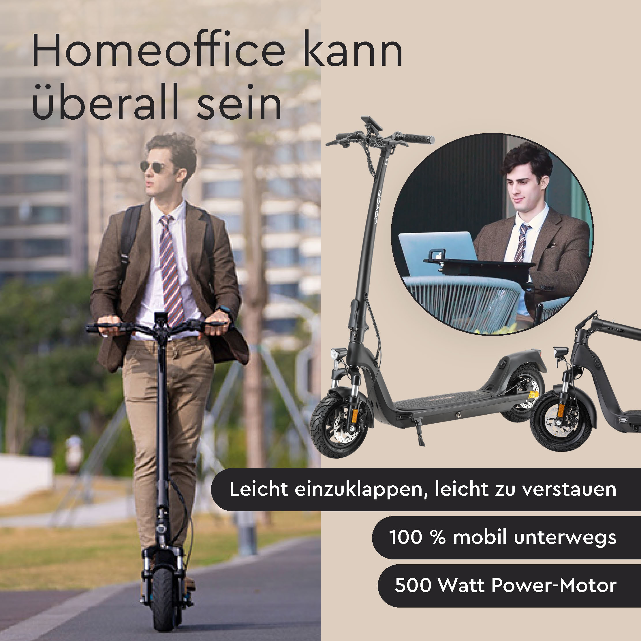 Mann auf einem Roller, Text-Overlay: 'Homeoffice kann überall sein'.