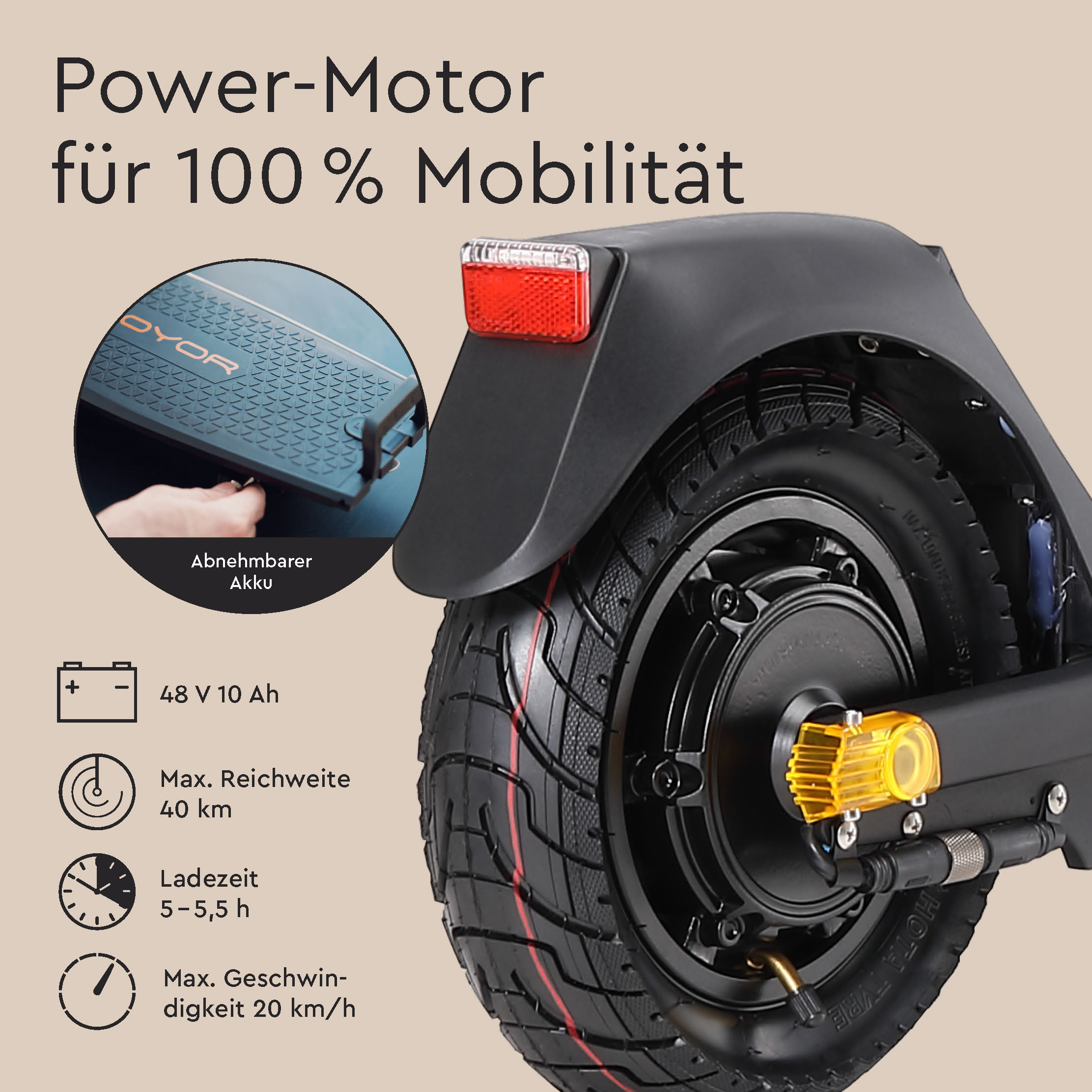 Details zum schwarzen Elektroroller, Batterie- und Reichweiteninformationen und Ladezeit.