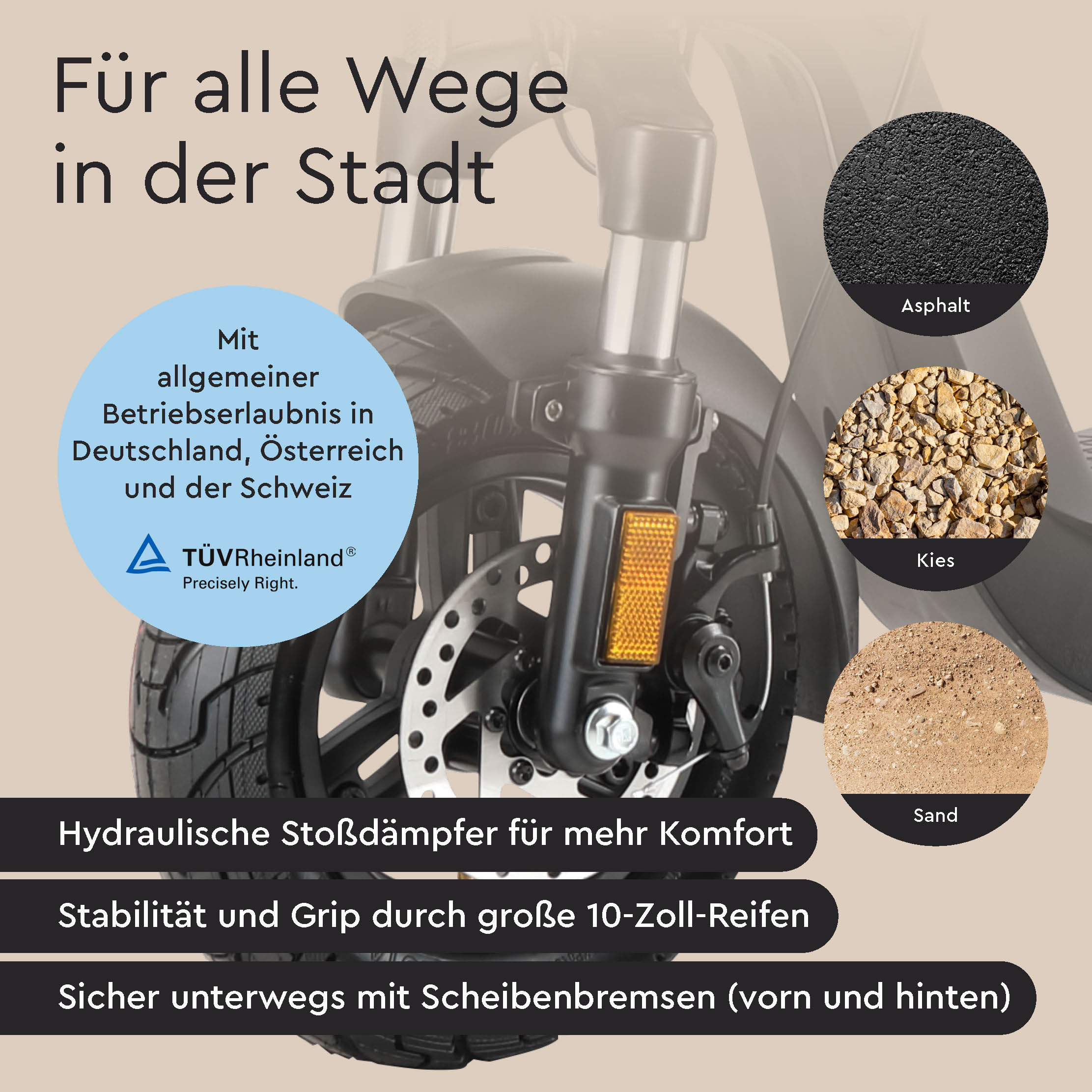 Nahaufnahme eines Roller-Rads und der Federung. Text auf Deutsch über die Eignung für alle Stadtstraßen, Asphalt, Schotter und Sand.