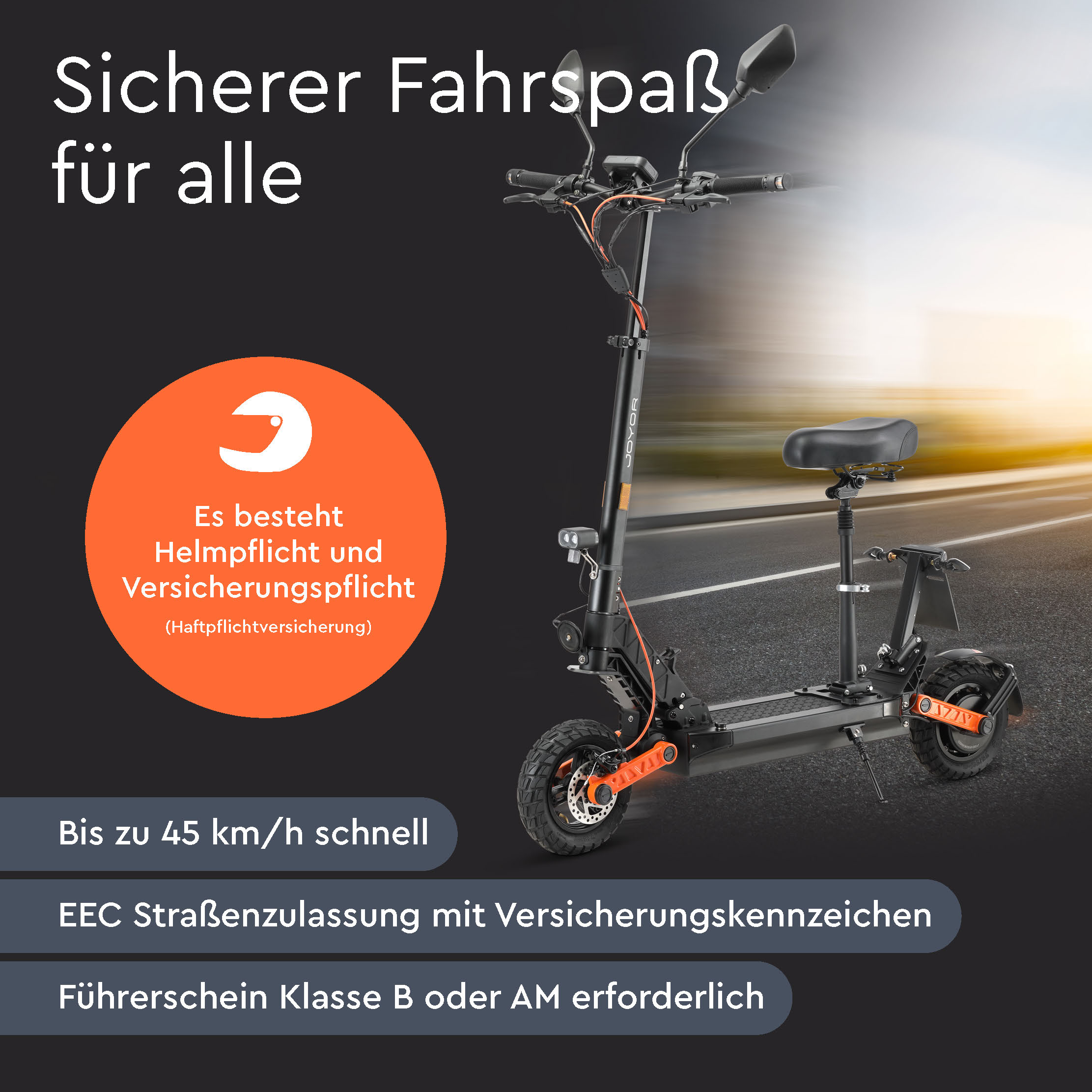 Schwarzer und orangefarbener Elektroroller mit Text zu Helmpflicht, Geschwindigkeit und Vorschriften.
