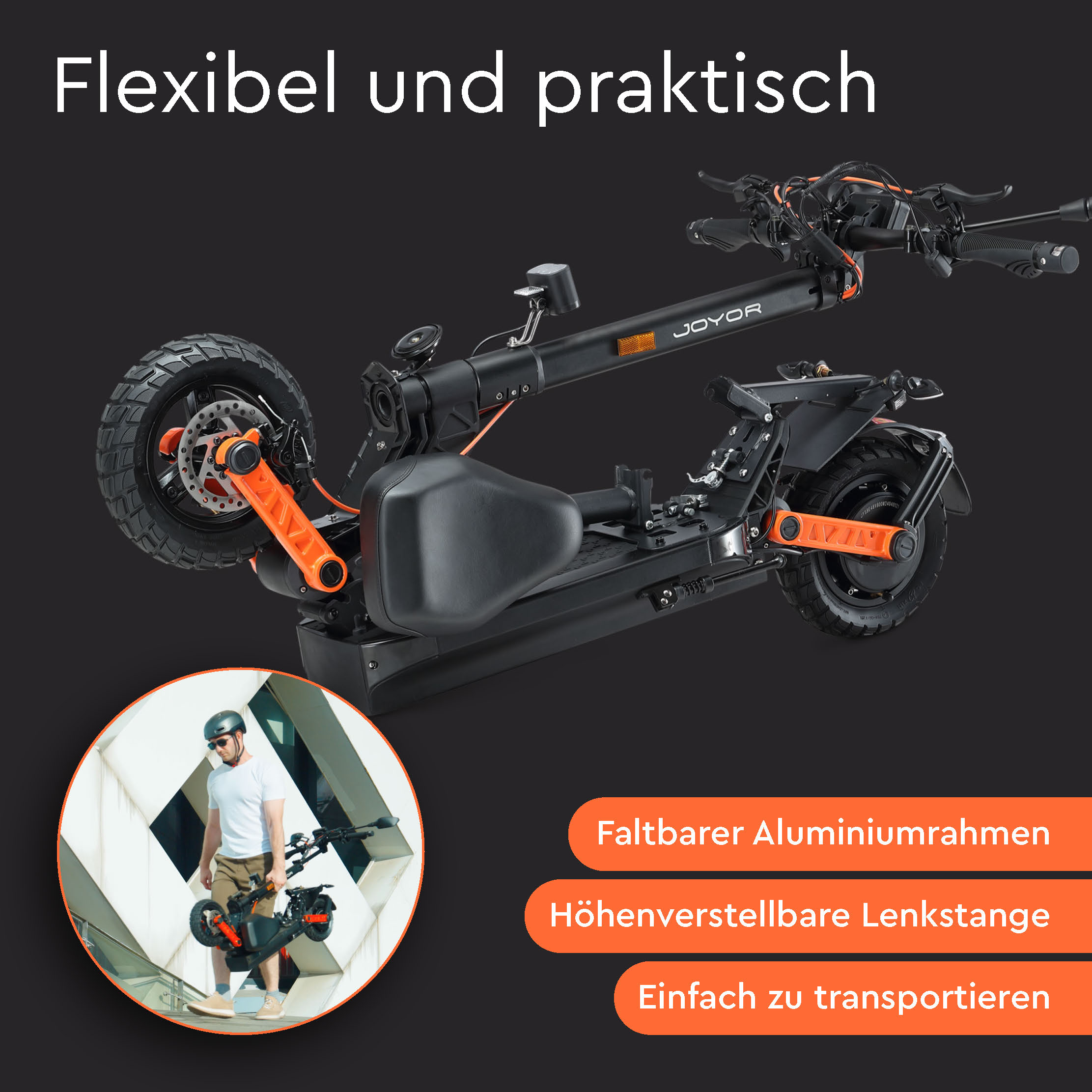 Schwarzer und orangefarbener Elektroroller mit einer Person, die ihn in einem kreisförmigen Einsatz fährt.