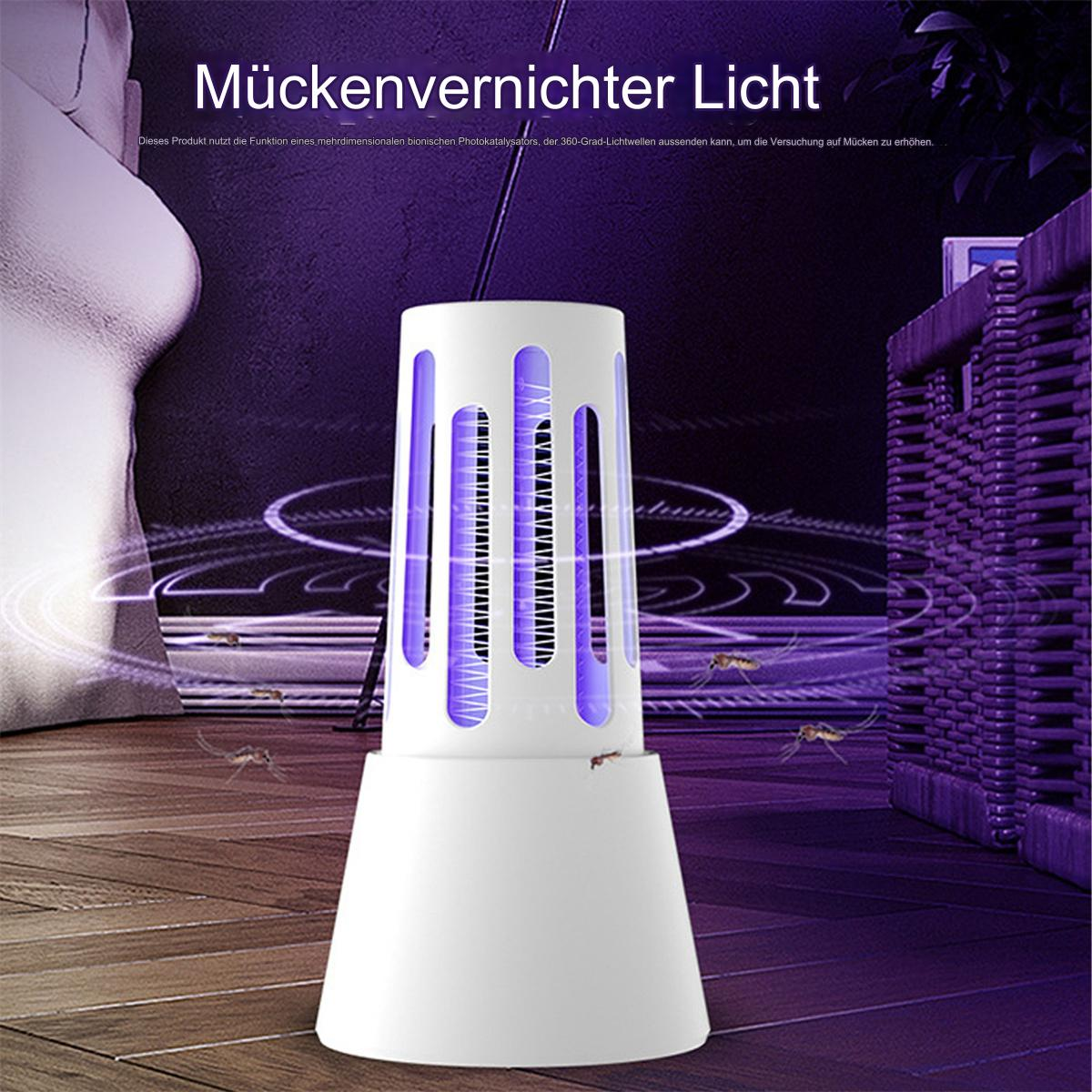 Eine weiße Insektenvernichterlampe mit lila Licht und herumfliegenden Mücken.