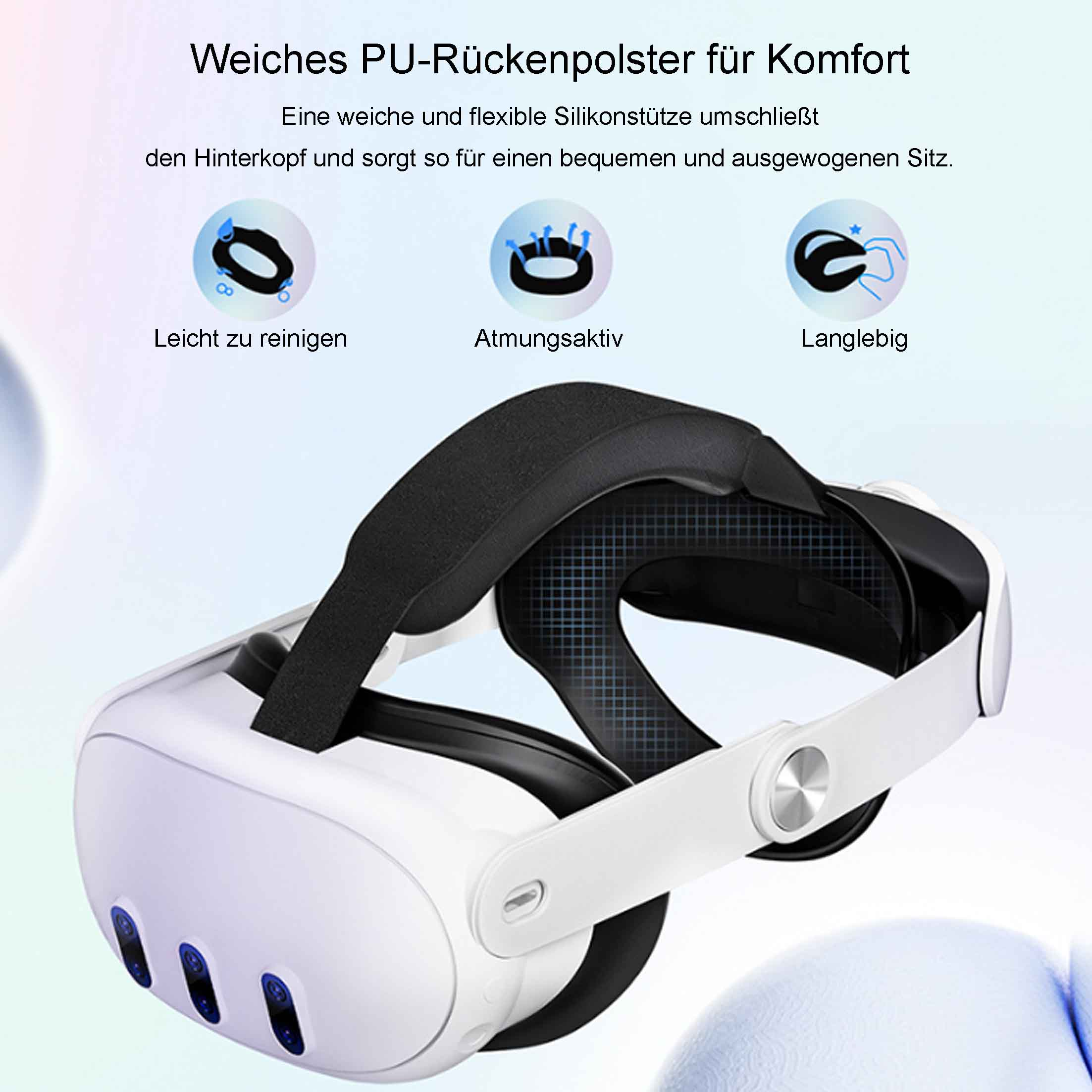 VR-Headset mit weißem Gehäuse. Zeigt Riemen und Polsterung. Text auf Deutsch beschreibt Funktionen.