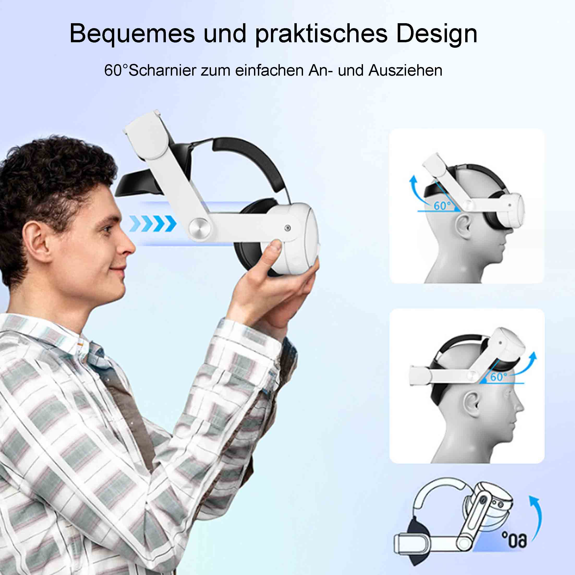 Mann hält ein VR-Headset, neben Diagrammen, die zeigen, wie einfach es an- und auszuziehen ist.
