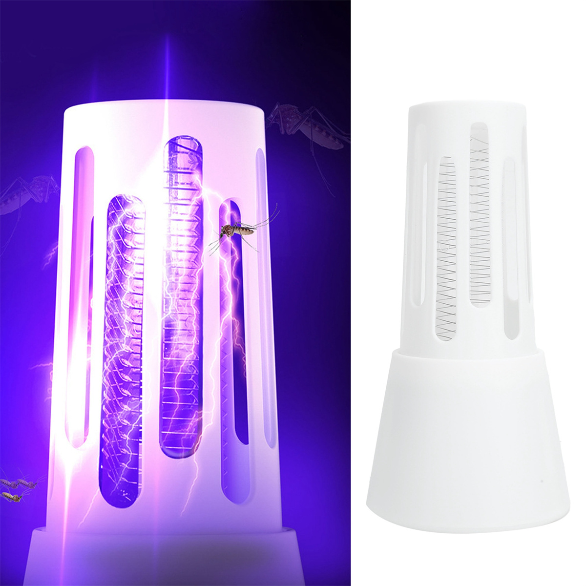 Eine Moskitokillerlampe mit lila Licht auf weißem Hintergrund, eine Mücke ist drin.