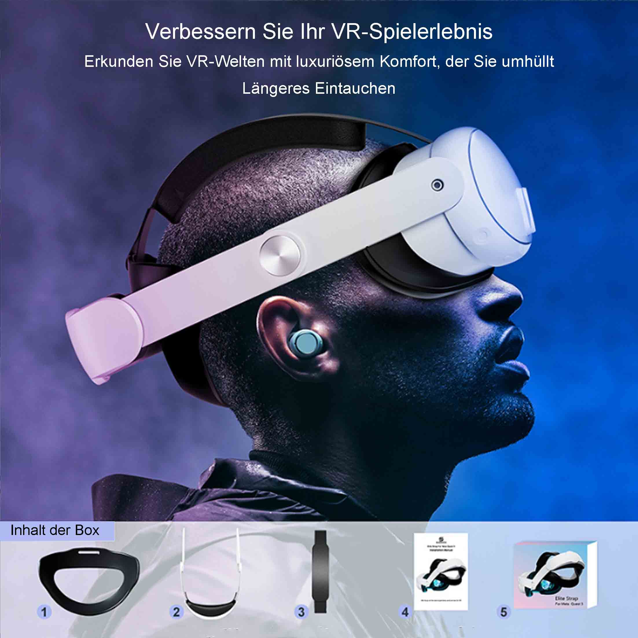 Mann mit VR-Headset, mit Text. Beinhaltet Komponenten. Blauer Hintergrund.