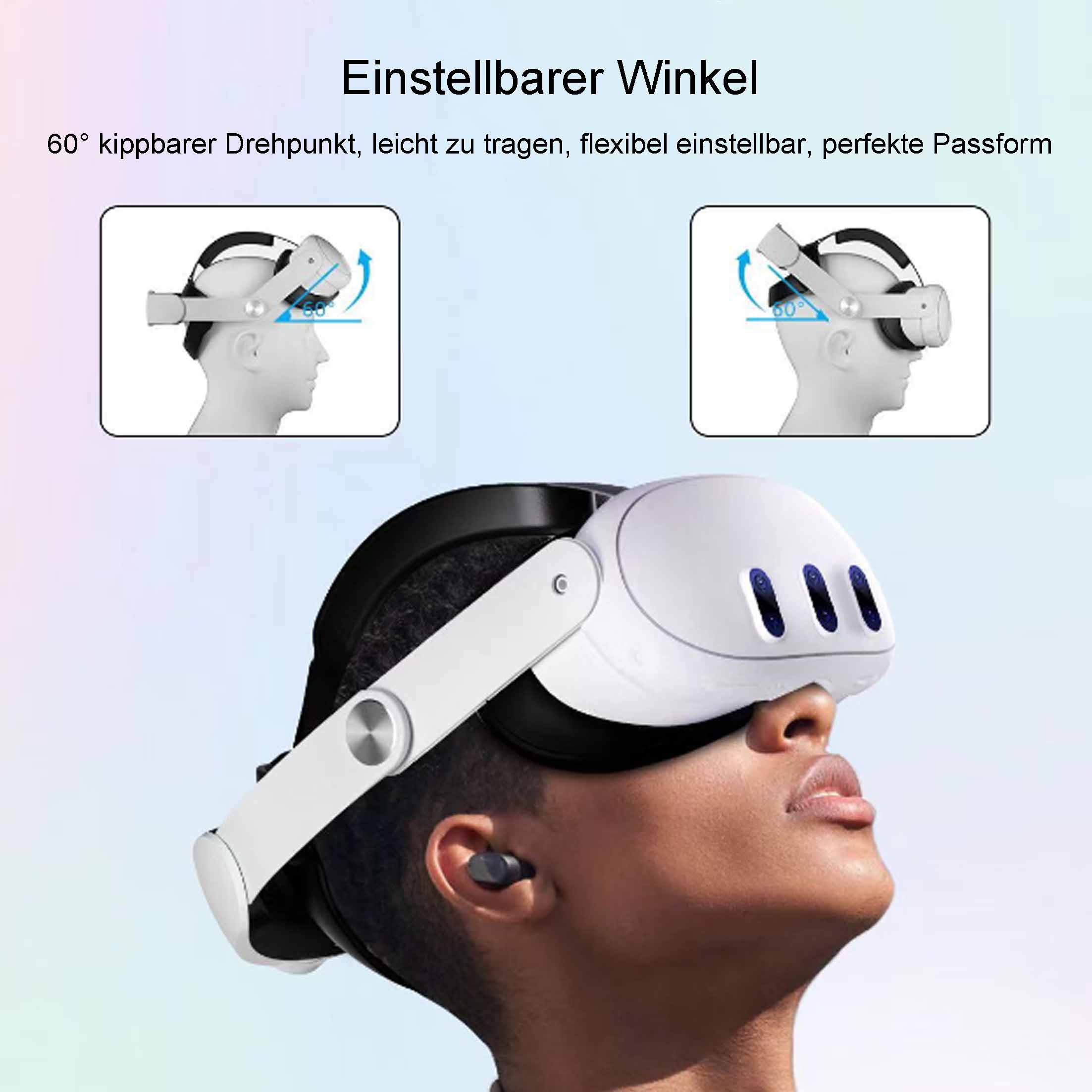 Eine Person mit VR-Headset, zeigt Verstellbarkeit und Nahaufnahme.