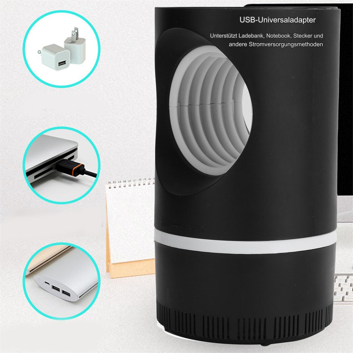 Ein schwarzer Insektenvernichter mit weißem Licht und einem USB-Adapter, Laptop und einer Powerbank.