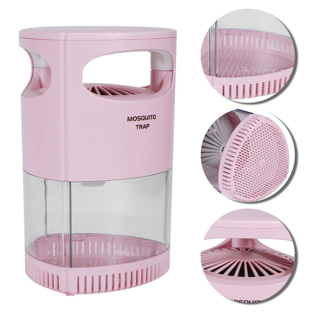 Rosa Moskitofalle mit transparentem Wasserbehälter, Griff und drehendem Ventilator.