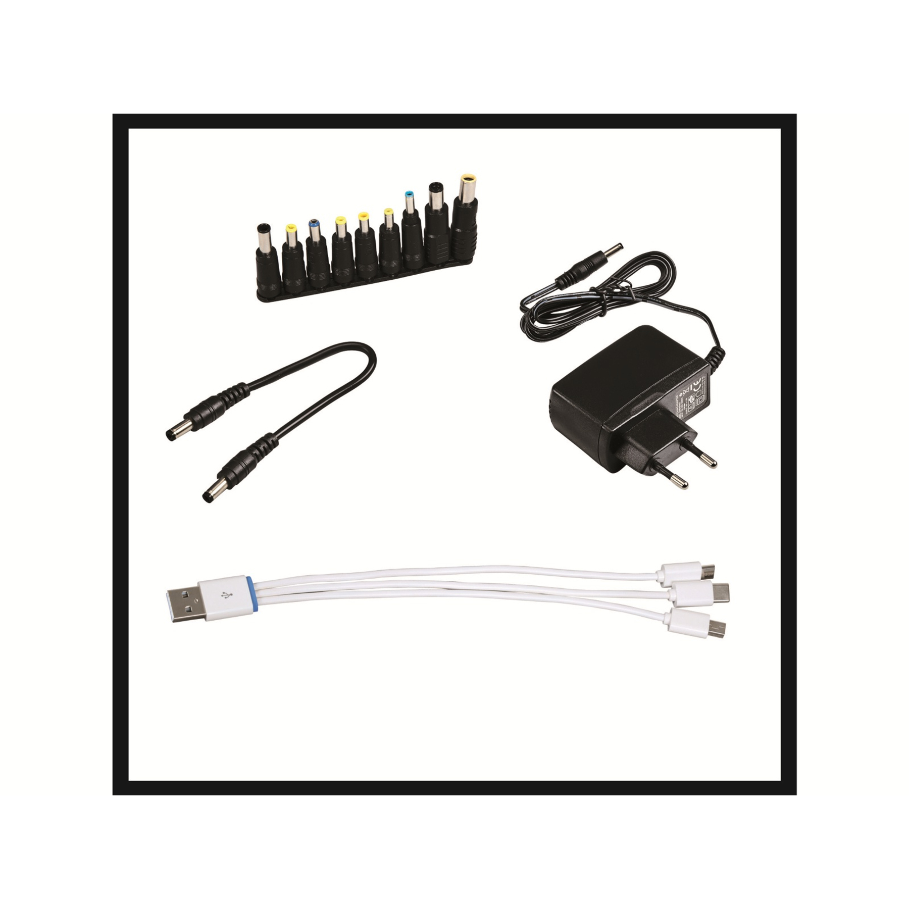 Varios adaptadores de corriente y cables de carga. Hay múltiples tipos de conectores y un cable USB.