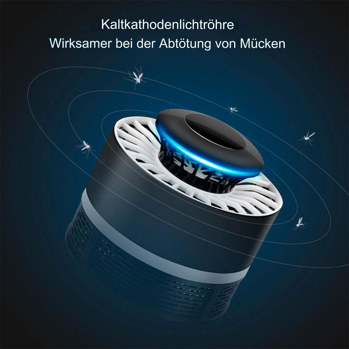 Mückenvernichter mit blauem Licht und Mücken darum. Dunkelblauer Hintergrund.