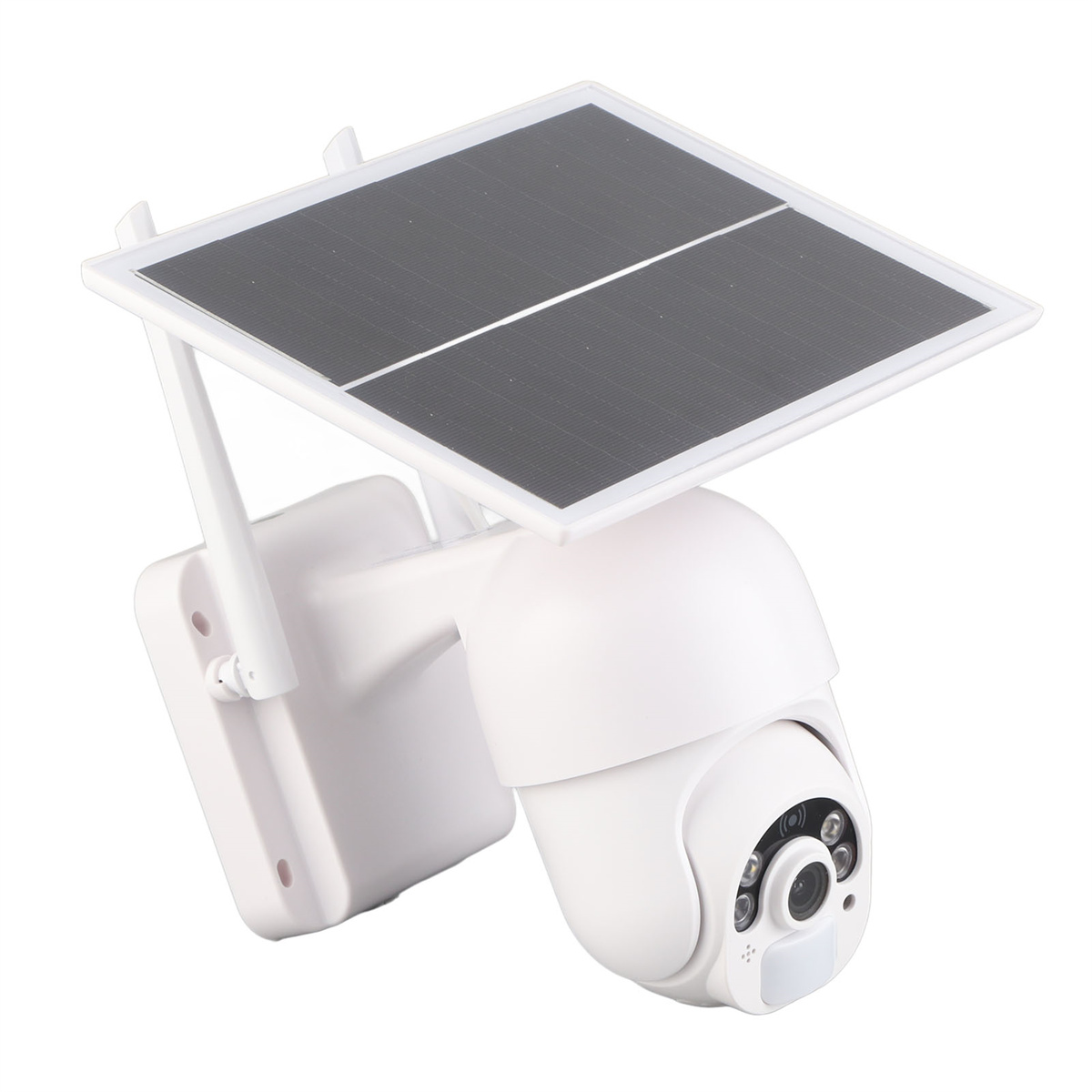 Weiße solarbetriebene Überwachungskamera mit schwarzem Solarpanel oben, vor weißem Hintergrund.