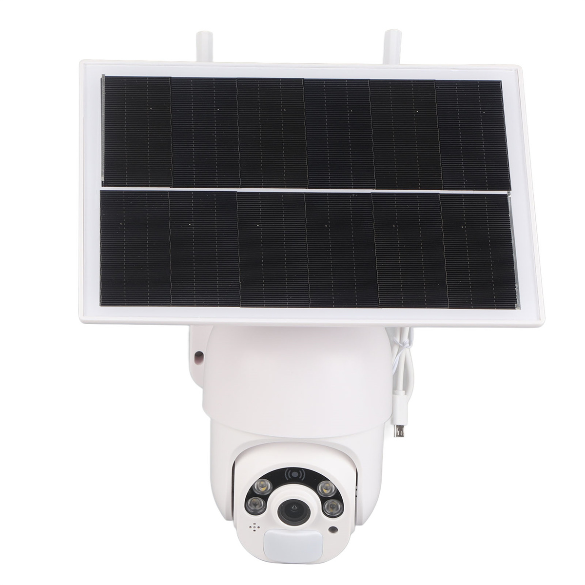 Weiße Überwachungskamera mit Solarpanel. Mit Objektiv und Antennen.
