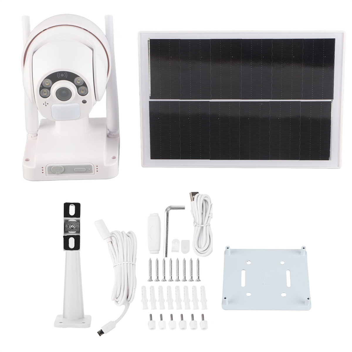 Weißes Überwachungskamera-Set mit Solarpanel, Halterung und Zubehör, isoliert auf Weiß.