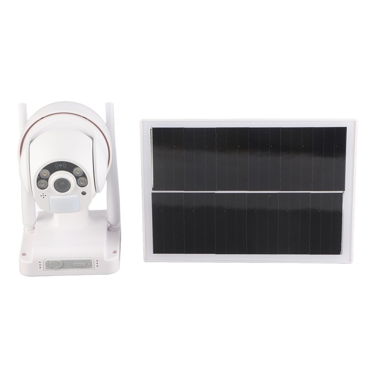 Weiße Überwachungskamera mit zwei Antennen und Solarpanel. Kamera neben dem Solarpanel auf Weiß.