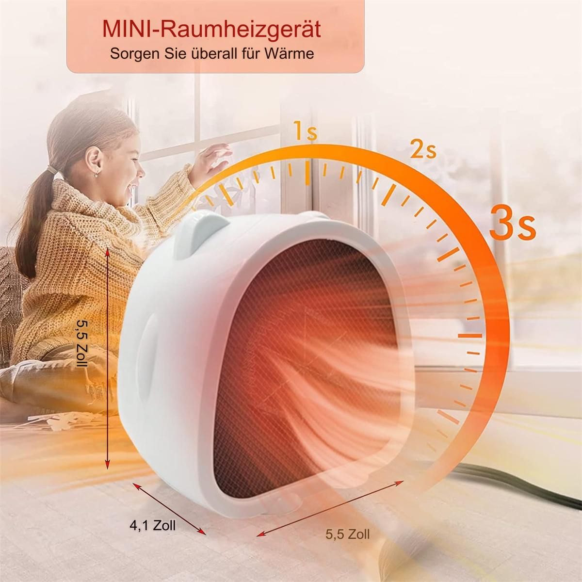 Weißer, bärenförmiger Heizlüfter, ein Mädchen, das danach greift, mit einer Zeituhr, die 3 Sekunden anzeigt.